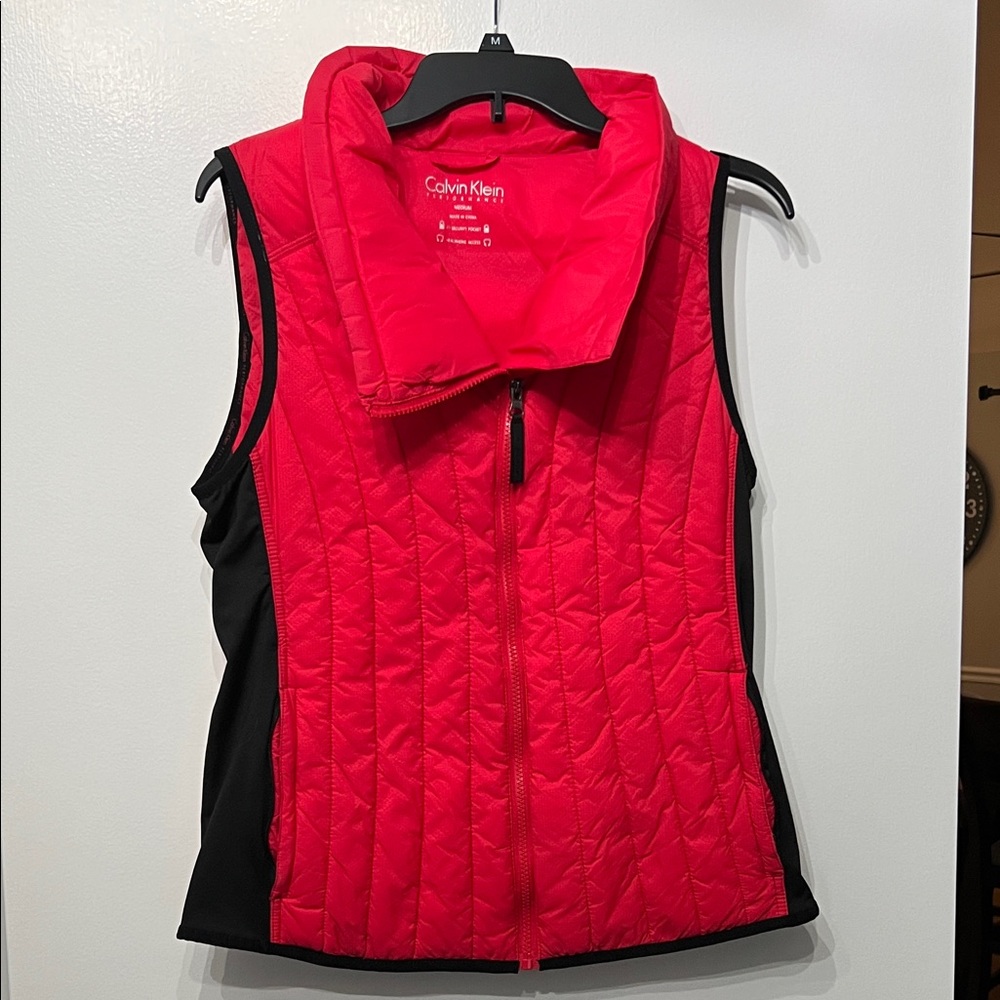 Calvin Klein Red Quilted Vest with Black Side Panels